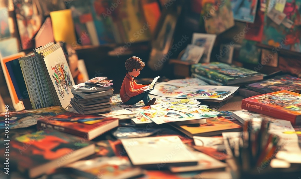 A boy sits amidst a stack of books reading. A boy sits amidst a stack of books reading.