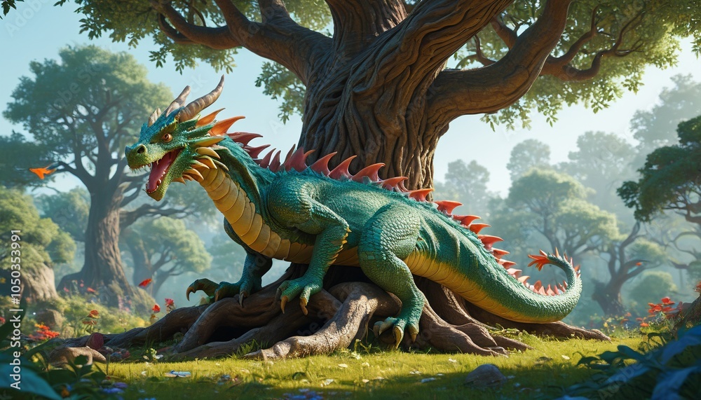 A playful dragon curls around a towering tree in an enchanted grove, its playful spirit bringing joy to the magical creatures that reside within, Generative AI A playful dragon curls around a towering tree in an enchanted grove, its playful spirit bringing joy to the magical creatures that reside within, Generative AI