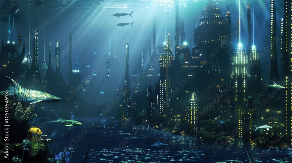 Naklejka premium A futuristic underwater city with illuminated buildings and marine life, Sci-fi setting with underwater civilization, Futuristic style