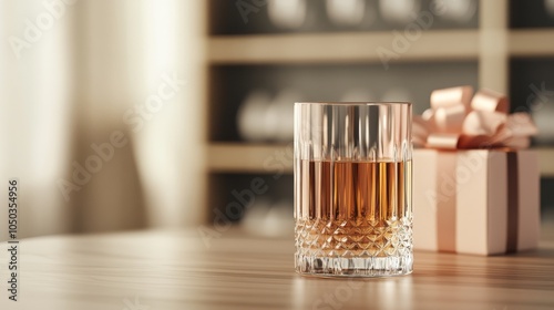 Wallpaper Mural A crystal glass filled with amber liquid sits on a wooden table next to a gift box adorned with a ribbon, suggesting a celebratory atmosphere. Torontodigital.ca