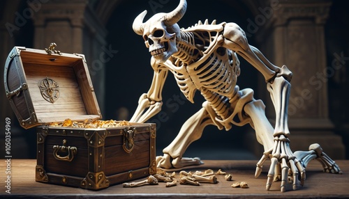 A powerful minotaur skeleton stands guard over a forgotten treasure chest, its fierce expression forever etched into the brittle bones, waiting for a worthy challenger, Generative AI photo