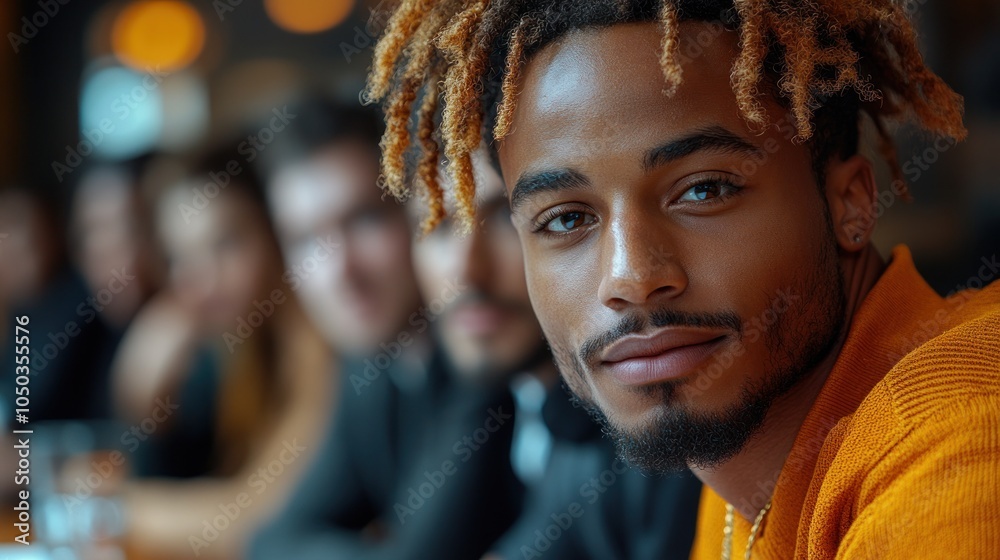 Obraz premium A young man with dreadlocks looks directly at the camera while sitting in a cafe with friends.