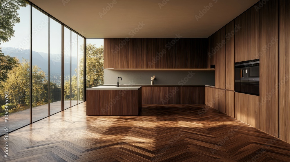 Fototapeta premium Modern kitchen with beautifully crafted walnut parquet flooring, sleek cabinets, and minimalist decor.