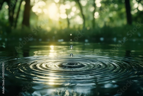 Slowmotion capture of a single water droplet falling into a still pond, creating perfect ripples spreading outwards, with soft sunlight reflecting off the surface