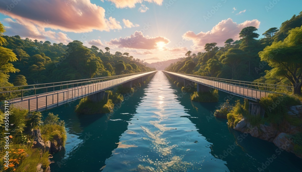 Fototapeta premium A floating bridge made of shimmering water stretches across the sky, leading to a hidden paradise filled with mythical creatures and lush landscapes, Generative AI