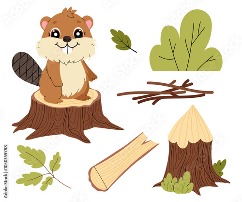 Beaver. A cute rodent on a stump. Flat illustration of animal and its habitat on white background. 
