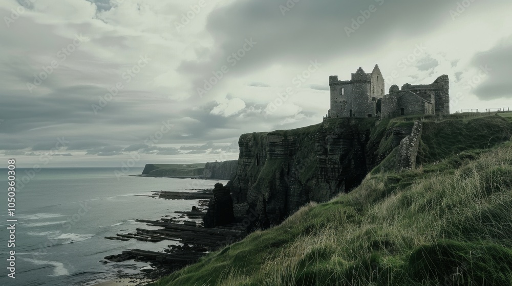 A historic castle perched on a cliff overlooking the sea, Coastal setting with dramatic cliffs, Dramatic style A historic castle perched on a cliff overlooking the sea, Coastal setting with dramatic cliffs, Dramatic style