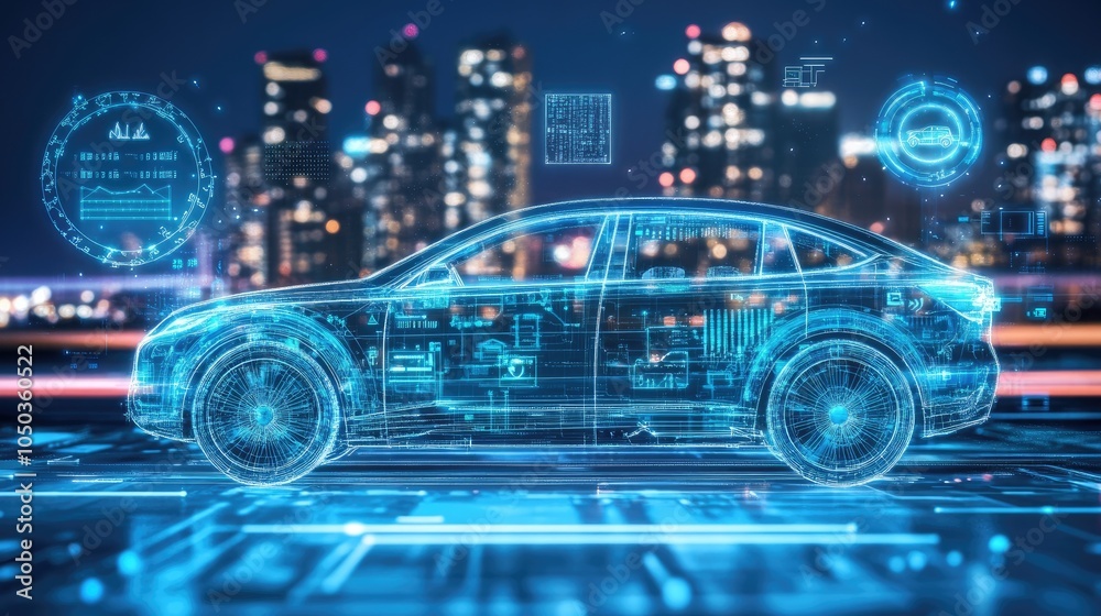 Futuristic Car Design with Digital Overlay in Cityscape Futuristic Car Design with Digital Overlay in Cityscape