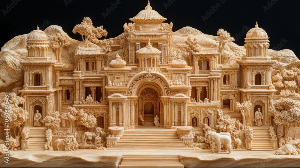 Fototapeta premium Intricately carved golden temple facades stand majestic against Jerusalem hills, capturing the grandeur of ancient times