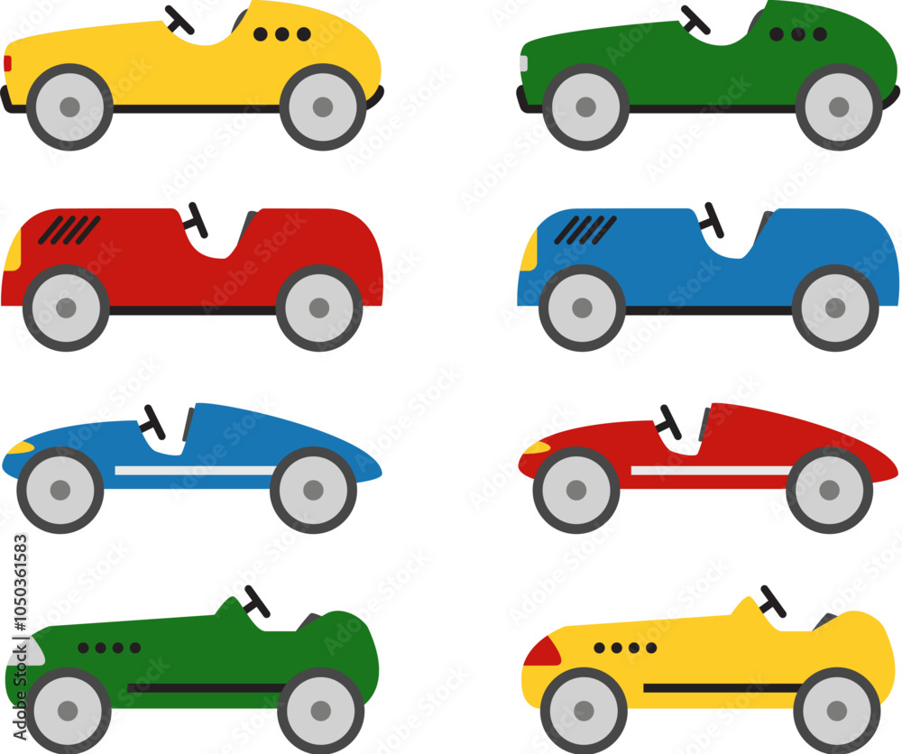 Fototapeta premium Vector retro race cars isolated on white background. Vintage race cars, flat cartoon design