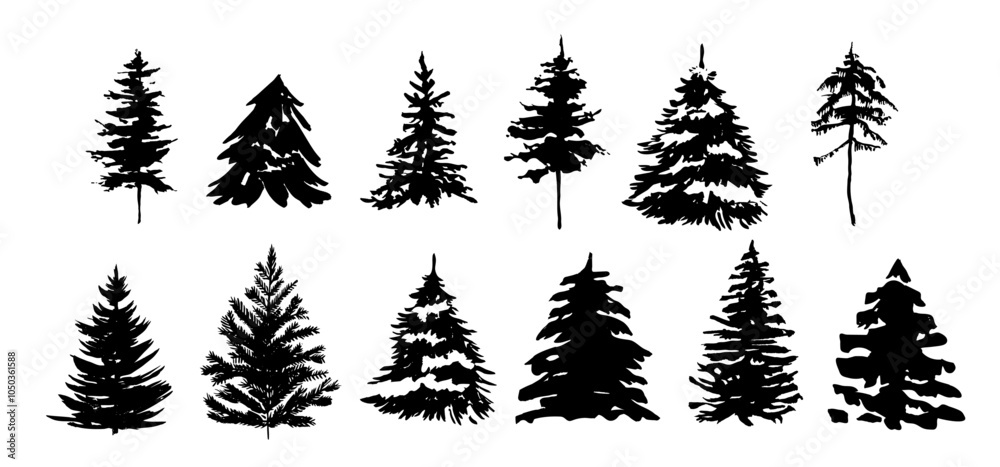 Fototapeta premium Vector silhouettes of trees, firs, pines, bushes, various types of trees and shrubs in black vector, Various shapes of fir tree, christmas tree silhouette.