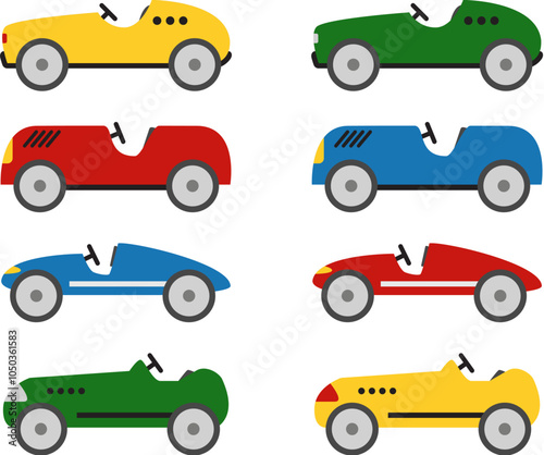 Vector retro race cars isolated on white background. Vintage race cars, flat cartoon design