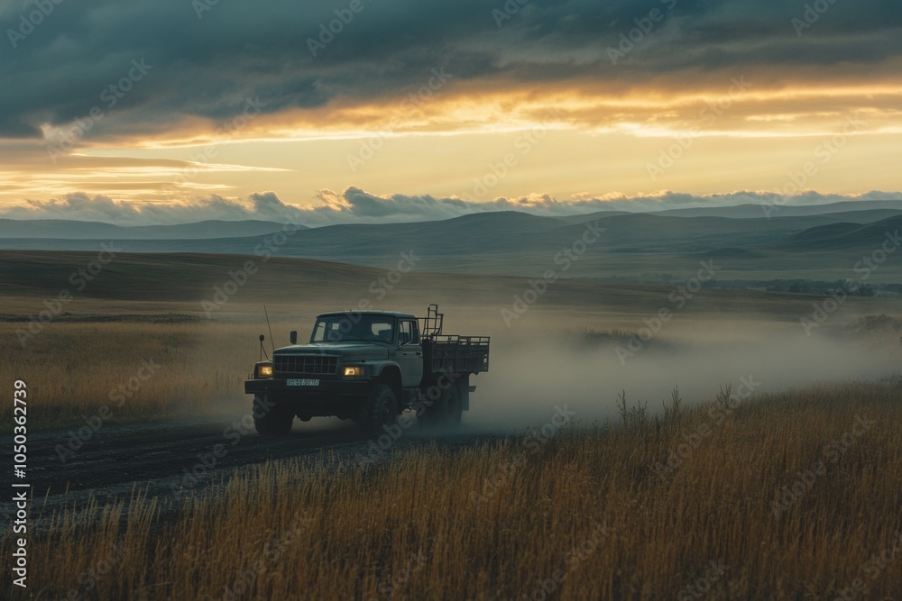 Truck Driving Through Misty Hills at Sunset Truck Driving Through Misty Hills at Sunset