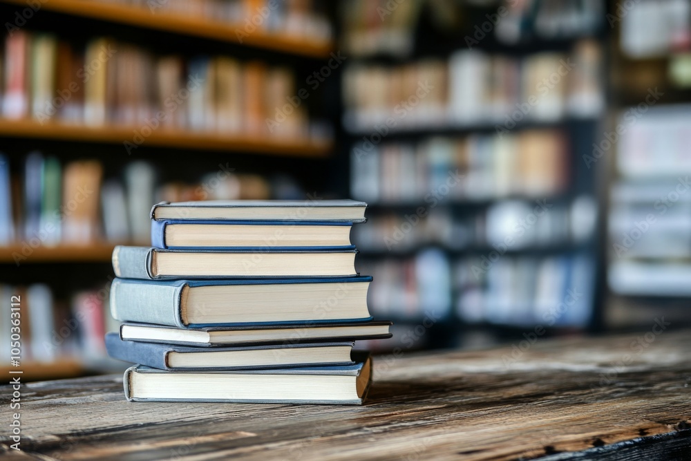 Stack of Books on a Wooden Table in a Library Stack of Books on a Wooden Table in a Library