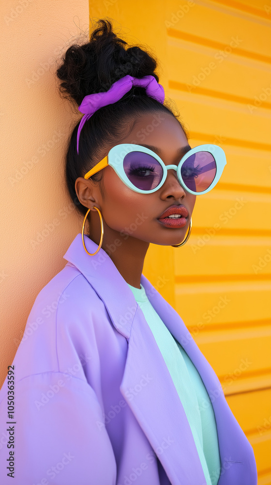 Pastel 90s fashion shoot with oversized blazers, high-top sneakers, and colorful accessories in soft yellows and blues. Vintage style captured with a Canon 5D Mark IV, highlighting textures 