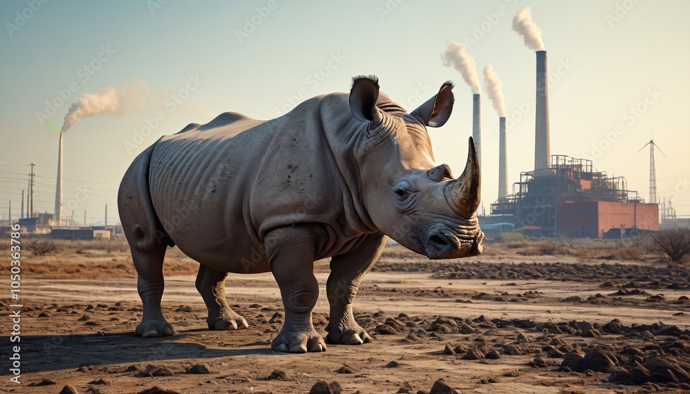 Naklejka premium A rhino standing in a barren landscape next to a factory, highlighting the plight of endangered species in the face of industrialization and pollution, Generative AI