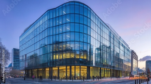 contemporary office building featuring sleek glass architecture, set against a bustling urban backdrop, illustrating modern corporate design and the essence of professional lifestyle