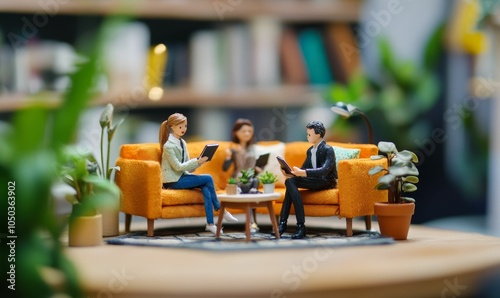 Miniature people on a couch reading.