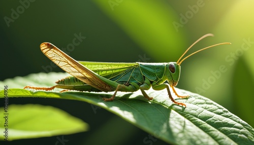 A delicate grasshopper resting on a green leaf, soaking up the warm sunlight, illustrating the charm of tiny creatures in their natural environment, Generative AI