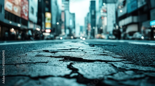 cracked pavement stretches along a bustling urban street, highlighting the aftermath of an earthquake. blurred cityscape looms beyond, evoking a sense of chaos