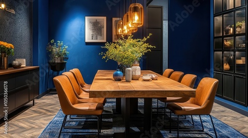 dark blue dining room exudes modern elegance, featuring a stylish wooden table surrounded by brown leather chairs, bathed in soft ambient light for a cozy atmosphere