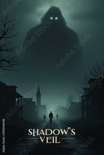 A mysterious horror movie poster mockup titled Shadow's Veil featuring a cloaked figure standing in front of an old, eerie house at night. The poster includes copyspace for credits