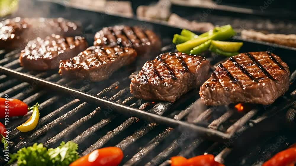 Juicy Grilled Steak on Barbecue over Flames in Nature. 4k video looping footage background, Meat on the grill clip (mov) made with Ai generative technology, stock video, food stock videos, juicy beef	