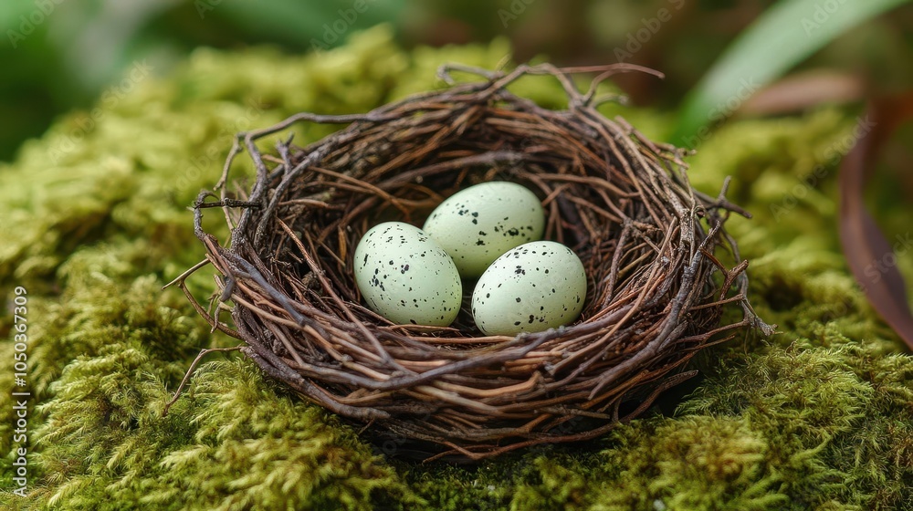delicate chipping sparrow's nest crafted from natural twigs and grass, nestled on a branch with three tiny eggs, surrounded by lush moss, illustrating the beauty of nature delicate chipping sparrow's nest crafted from natural twigs and grass, nestled on a branch with three tiny eggs, surrounded by lush moss, illustrating the beauty of nature