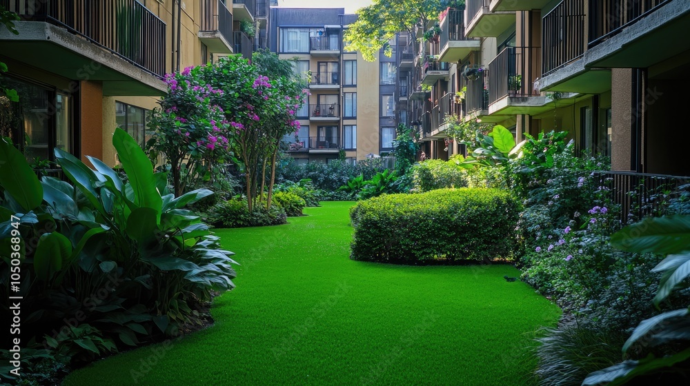 A vibrant green courtyard surrounded by apartment buildings, filled with lush plant life, flowering bushes, and large trees, creating a refreshing communal space. A vibrant green courtyard surrounded by apartment buildings, filled with lush plant life, flowering bushes, and large trees, creating a refreshing communal space.