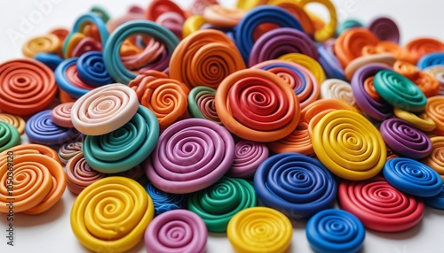 A mesmerizing arrangement of colorful polymer clay spirals and curls on a white surface, showcasing their fluid shapes and vibrant hues, Generative AI