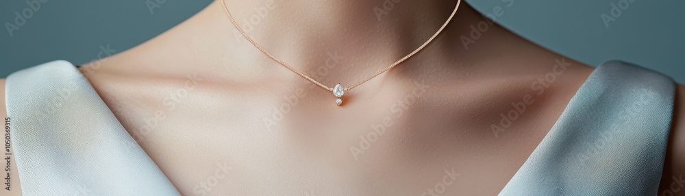 Elegant close-up of a woman wearing a delicate silver necklace against a soft background. Elegant close-up of a woman wearing a delicate silver necklace against a soft background.
