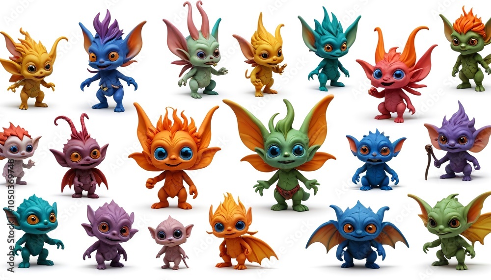 Obraz premium A playful set of colorful polymer clay fantasy creatures, like fairies and goblins, placed on a white background, inviting imagination and creativity, Generative AI