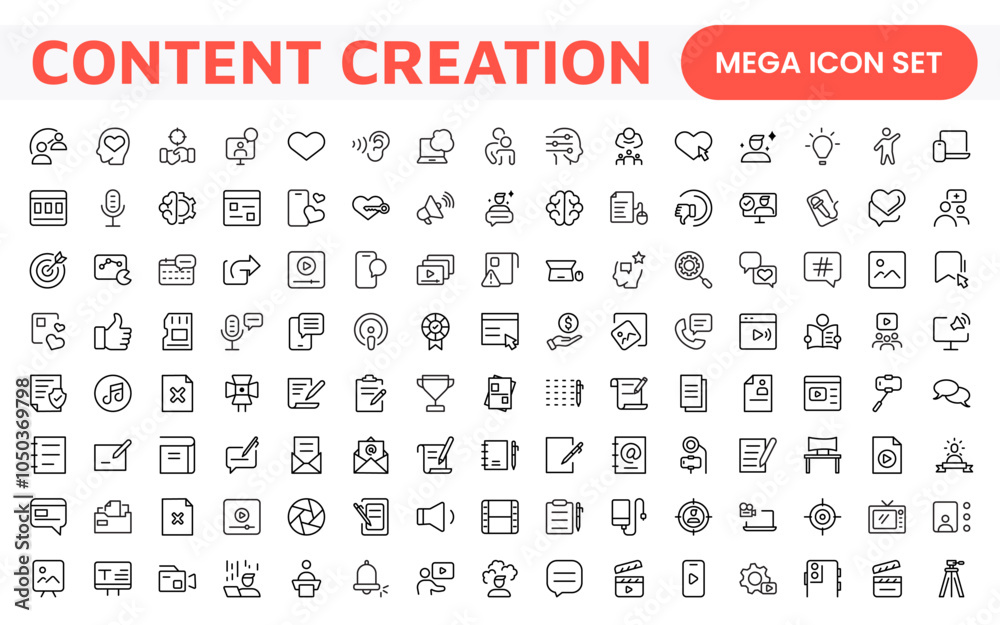 Content Creation Icon Set. Creative and versatile icons for bloggers, vloggers, and digital creators, perfect for enhancing editing tools, social media apps, and multimedia projects. Content Creation Icon Set. Creative and versatile icons for bloggers, vloggers, and digital creators, perfect for enhancing editing tools, social media apps, and multimedia projects.
