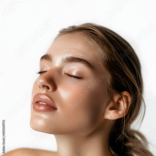 crop photo of cosmetics skin care concept photo of close-up woman perfect face with hydrated skin isolated on white background, png photo