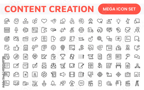 Content Creation Icon Set. Creative and versatile icons for bloggers, vloggers, and digital creators, perfect for enhancing editing tools, social media apps, and multimedia projects.