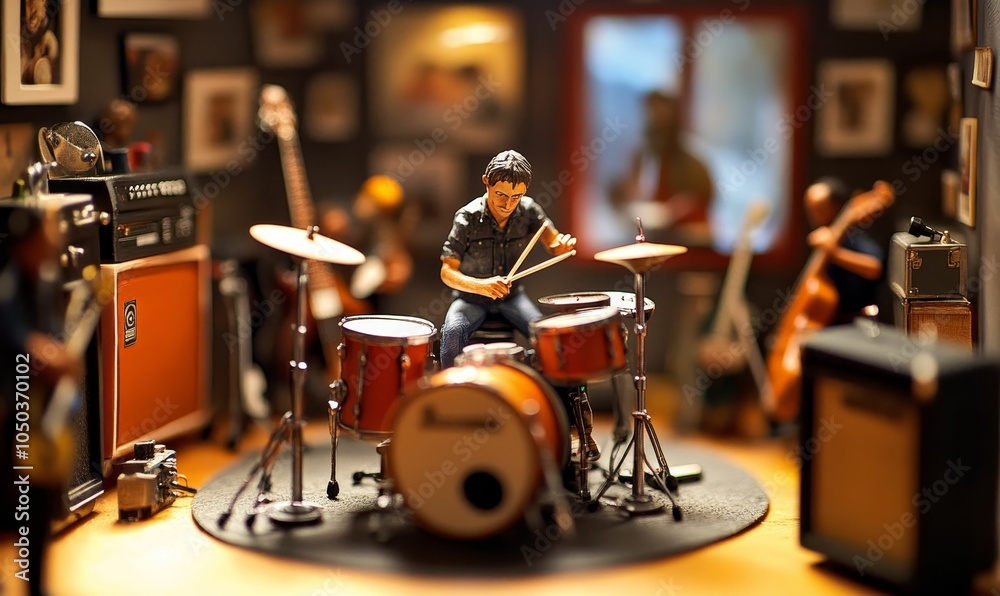 Fototapeta premium Miniature drummer playing a drum set.