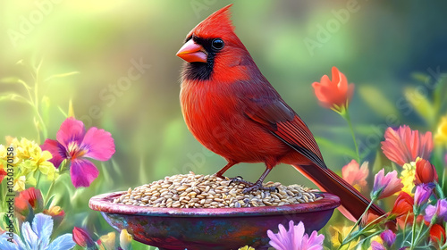 Stunning Close-Up of a Northern Cardinal Enjoying Seeds from a Colorful Bird Feeder in Nature photo