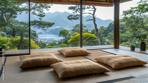 Cozy Japanese Floor Pillows on Tatami Mat with Large Windows Offering Breathtaking Views of Distant Sea photo