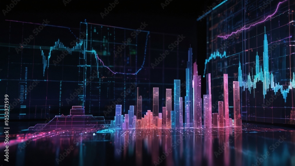 Digital display with line and bar graphs in neon blue and pink tones in a dark space. Modern representation ideal for data analysis and technology themes Digital display with line and bar graphs in neon blue and pink tones in a dark space. Modern representation ideal for data analysis and technology themes