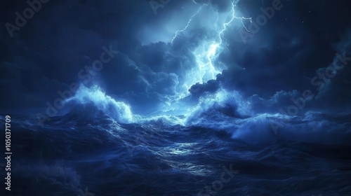 dramatic night seascape showcasing a stormy ocean, with towering waves illuminated by flashes of lightning, set against a backdrop of dark, ominous clouds swirling above the turbulent waters