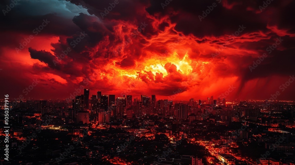 dramatic red storm clouds loom over a night cityscape, creating an ominous yet captivating atmosphere that contrasts the vibrancy of urban lights below