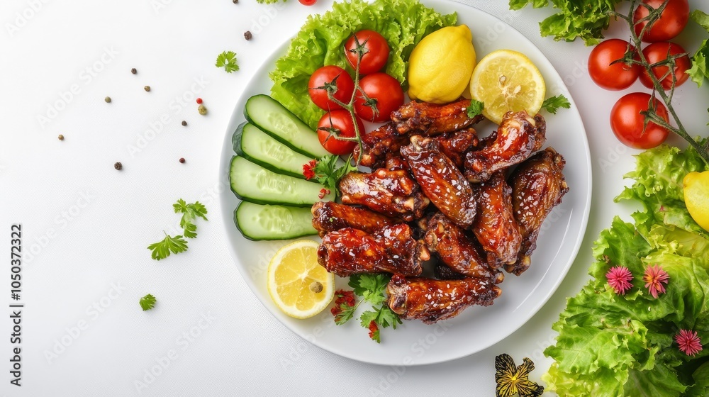A white plate of chicken wings with a lemon wedge, cucumber slices, and cherry tomatoes, surrounded by lettuce and parsley, on a white background. A white plate of chicken wings with a lemon wedge, cucumber slices, and cherry tomatoes, surrounded by lettuce and parsley, on a white background.