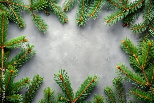 Flat lay of pine branch frame on a gray background with copy space image