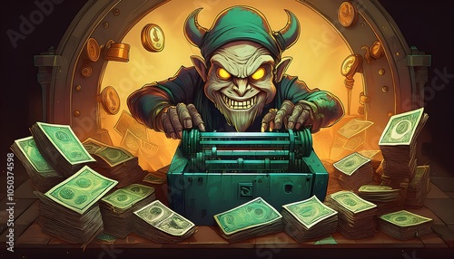 diabolical cartoonish character operating a money printing machine