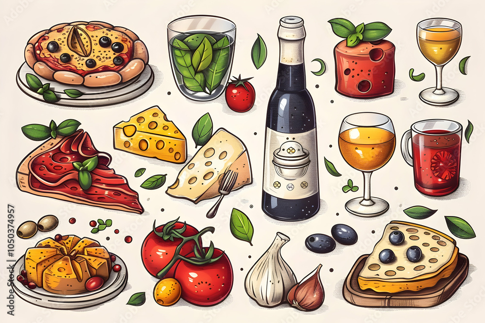 A collection of Italian food and drink items, including pizza, cheese, wine, tomatoes, and olives. A collection of Italian food and drink items, including pizza, cheese, wine, tomatoes, and olives.