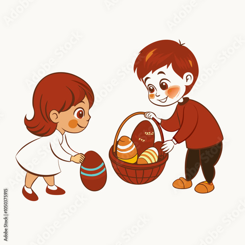 Boy and Girl Playing with Easter Eggs, Smiling Happily, with Colorful Eggs and a Basket