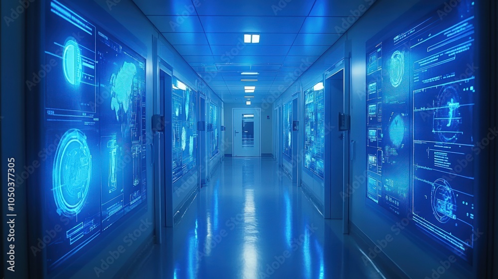 Futuristic corridor with glowing digital displays on walls. Futuristic corridor with glowing digital displays on walls.