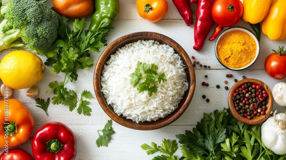 A wooden bowl of white rice with a sprig of parsley on top, surrounded by various fresh vegetables, spices, and herbs on a white wood background. A wooden bowl of white rice with a sprig of parsley on top, surrounded by various fresh vegetables, spices, and herbs on a white wood background.