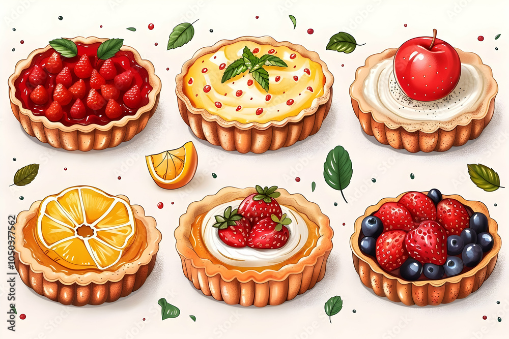 Six assorted fruit tarts with various toppings, including strawberry, blueberry, apple, and orange, with scattered leaves. Six assorted fruit tarts with various toppings, including strawberry, blueberry, apple, and orange, with scattered leaves.