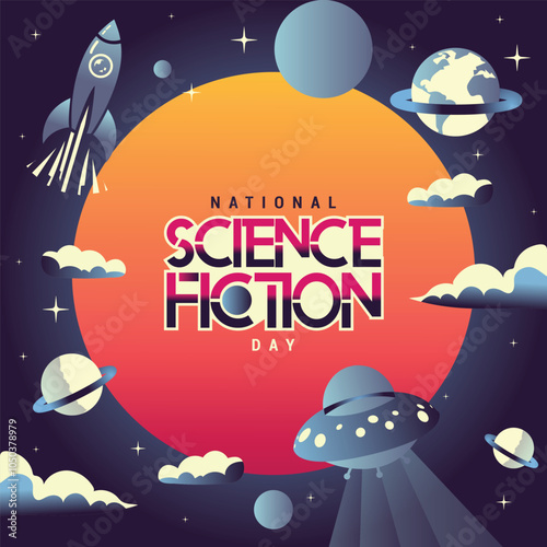 National Science Fiction Day background with space and fantasy elements. Sci-Fi poster design featuring bold typography, perfect for posters, cards, and banners